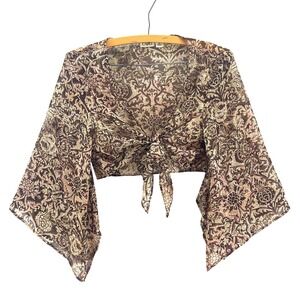Tie Front Kimono Crop Wrap Womens M Brown Pink Paisley Glitter Bell Fairy Boho